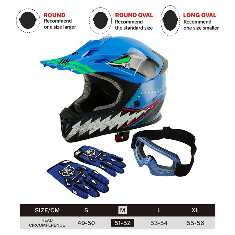 TCMT Blue Shark 2.0 Youth Kids DOT Motocross Off-Road Helmet, M