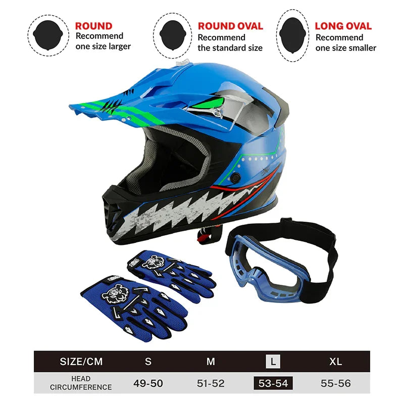 TCMT Blue Shark 2.0 Youth Kids DOT Motocross Off-Road Helmet, M