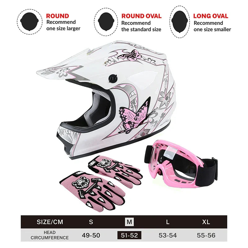 TCMT Pink Butterfly Youth Kids DOT Motocross Off-Road Helmet, M