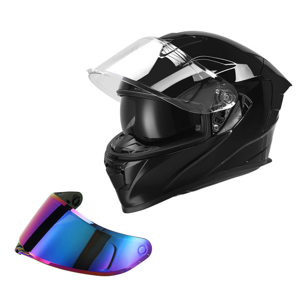 TCMT Vivid Black DOT Full Face Motorcycle Helmet w/Dual Visor Extra Tinted Shield Bluetooth Ready
