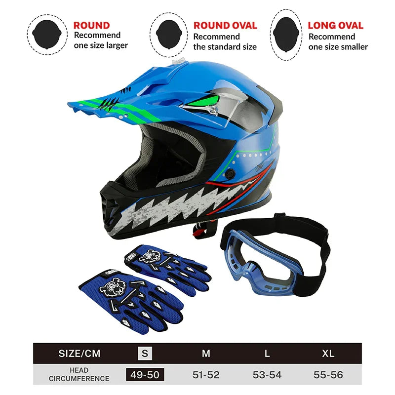 blue and black motorcycle helmets TCMT Blue Shark 2.0 Youth Kids DOT Motocross Off-Road Helmet, M
