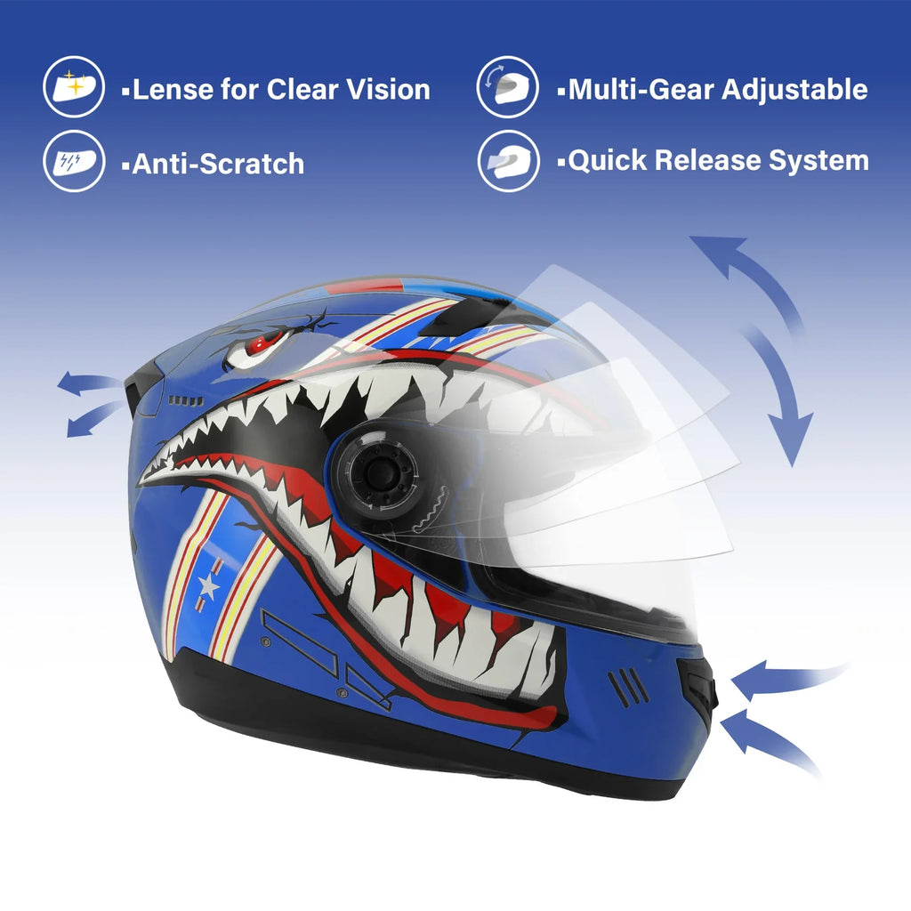 TCMT Blue Shark Youth Kids DOT Full Face Motorcycle Helmet, S