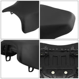 close-up collage of black motorcycle seat cushion, synthetic leather texture, and mounting clips