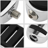 Chrome motorcycle foot peg detail closeup with metal threads, black rubber accents