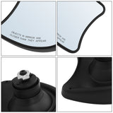 Curved black motorcycle mirror with mounting detail and warning text, close-up views