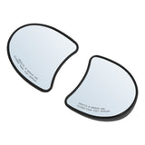 Pair of curved car side mirror glass replacements with black trim on white background