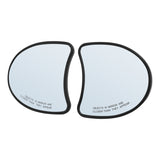 Pair of curved car side mirror replacement glass with black edges and warning text
