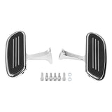 Chrome motorcycle foot pegs with black rubber pads and mounting bolts set on white background
