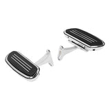 Chrome and black motorcycle foot pegs with rubber inserts on a white background