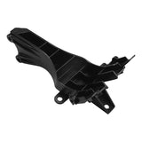 Black plastic automotive mounting bracket for car engine bay or chassis, isolated on white