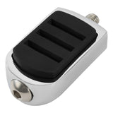 Chrome motorcycle foot peg with black rubber pad, close-up on white background