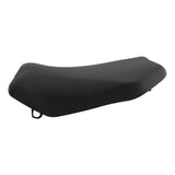 Black motorcycle seat replacement part with ergonomic design on white background