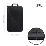 19L black plastic fuel tank with measurements, top handle, and close-up detail view