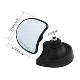 Motorcycle rearview mirror with black base, labeled dimensions, and reflective surface