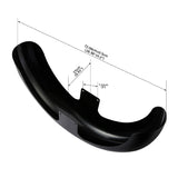 Black motorcycle front fender with dimensions, metal mounting brackets, white background
