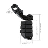 Black motorcycle foot peg with clamp, non-slip design, and dimension labels