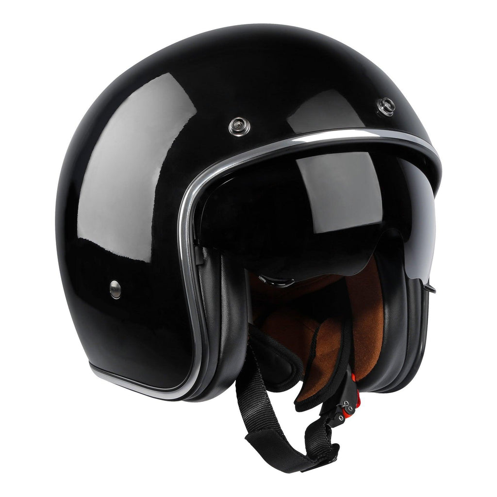 TCMT Adult 3/4 Open Face DOT Motorcycle Vintage Retro Black Helmet with Visor - TCMT