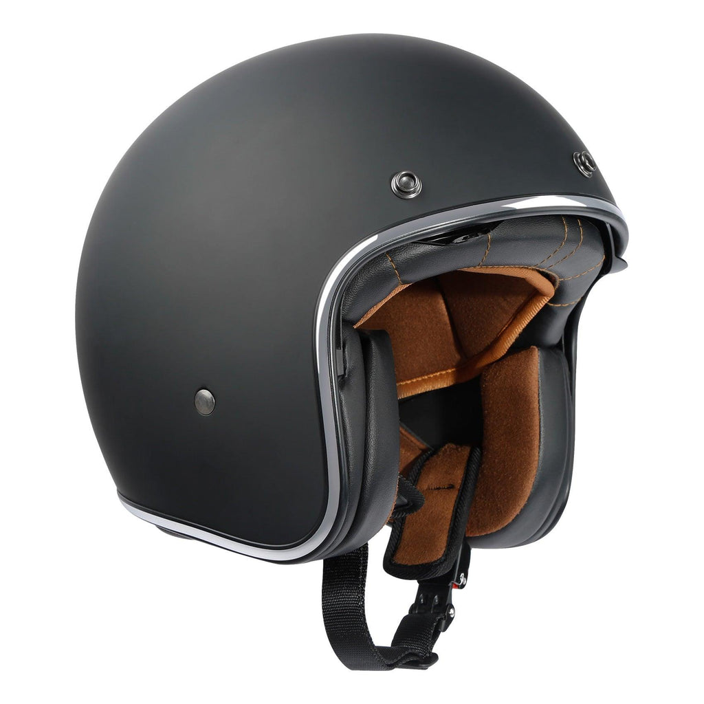 TCMT Adult 3/4 Open Face DOT Motorcycle Vintage Retro Matte Black Helmet with Visor - TCMT