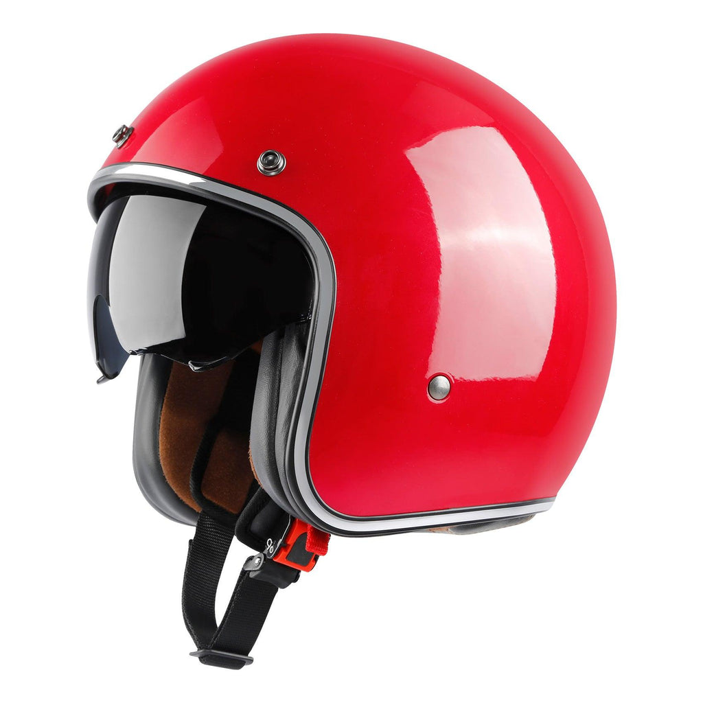TCMT Adult 3/4 Open Face DOT Motorcycle Vintage Retro Red Helmet with Visor - TCMT