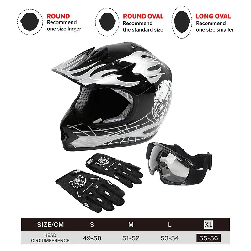 dirt bike helmet size guide TCMT Black Skull Youth Kids DOT Motocross Off-Road Helmet, XL