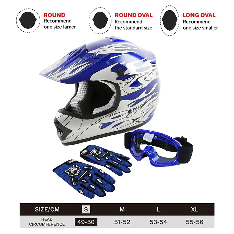 TCMT Blue Flame Youth Kids DOT Motocross Off-Road Helmet, S