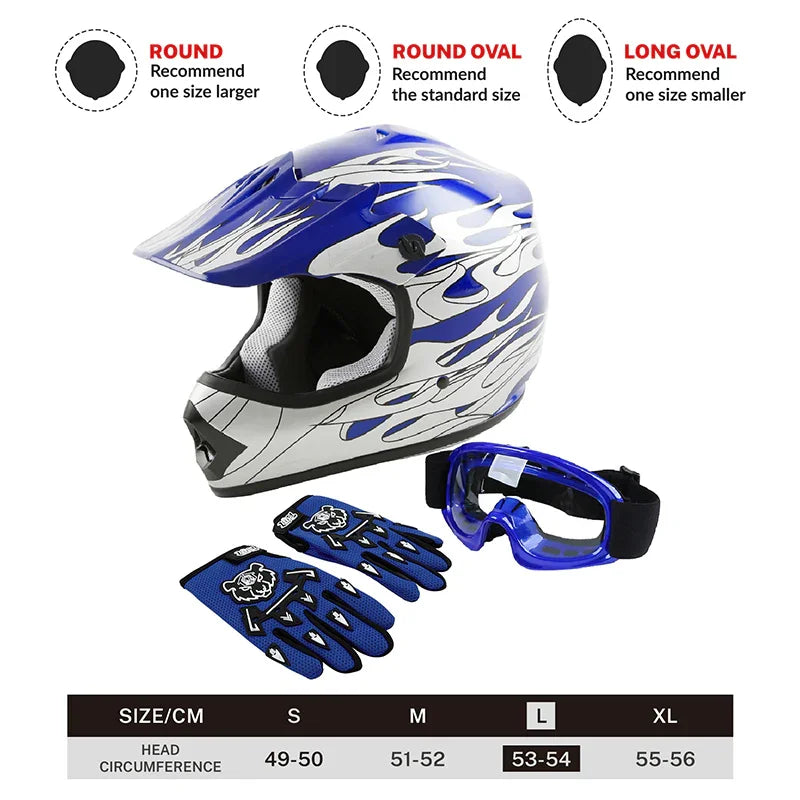 bike helmet youth size TCMT Blue Flame Youth Kids DOT Motocross Off-Road Helmet, L