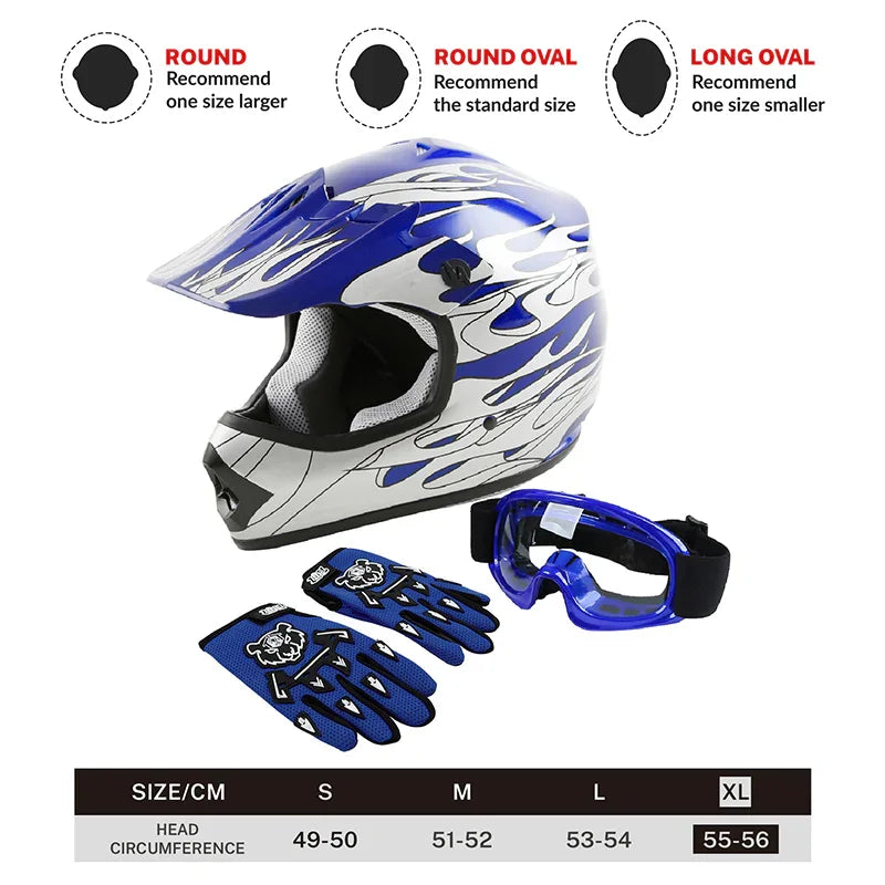 TCMT Blue Flame Youth Kids DOT Motocross Off-Road Helmet, XL
