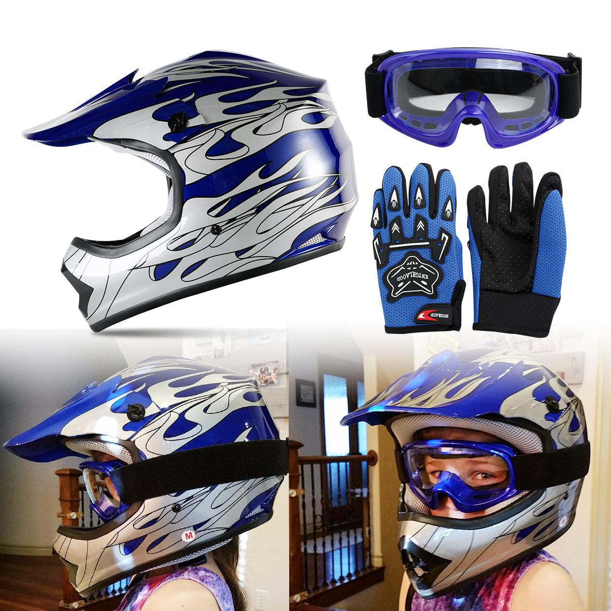 Tcmt dot helmet for kids & youth blue flame skull with best sale goggles & gloves for atv mx motocross offroad street dirt bike