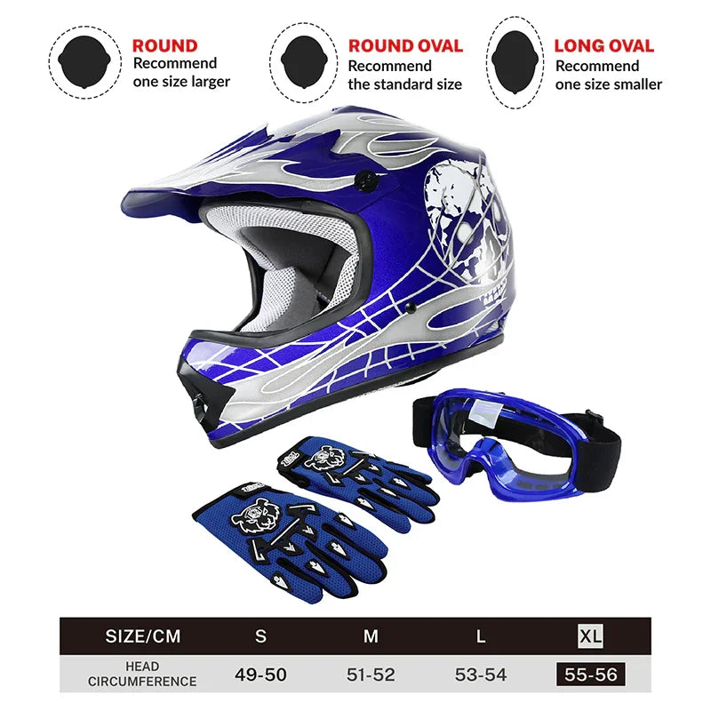 TCMT Blue Skull Youth Kids DOT Motocross Off-Road Helmet, XL