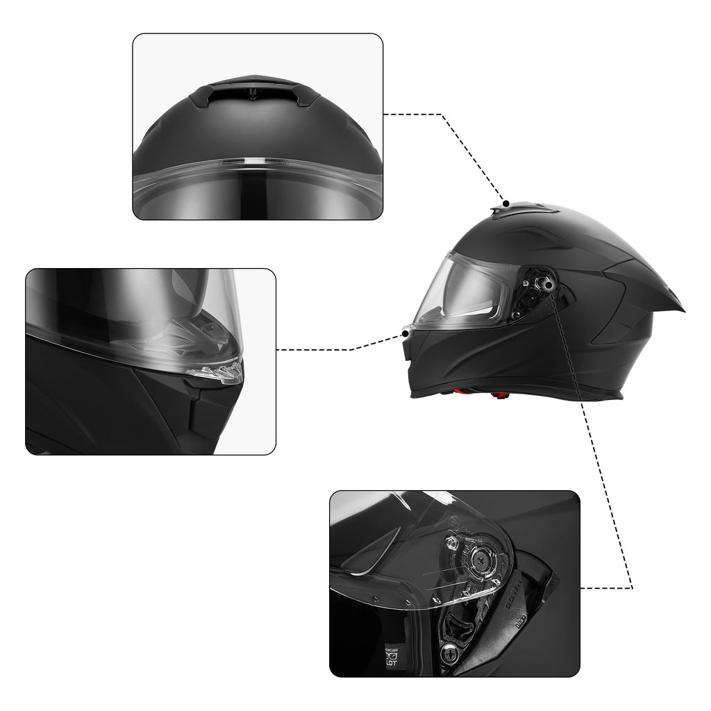 closed face motorcycle helmet bluetooth TCMT Matte Black DOT Full Face Motorcycle Helmet w/Dual Visor Extra Tinted Shield Bluetooth Ready, L