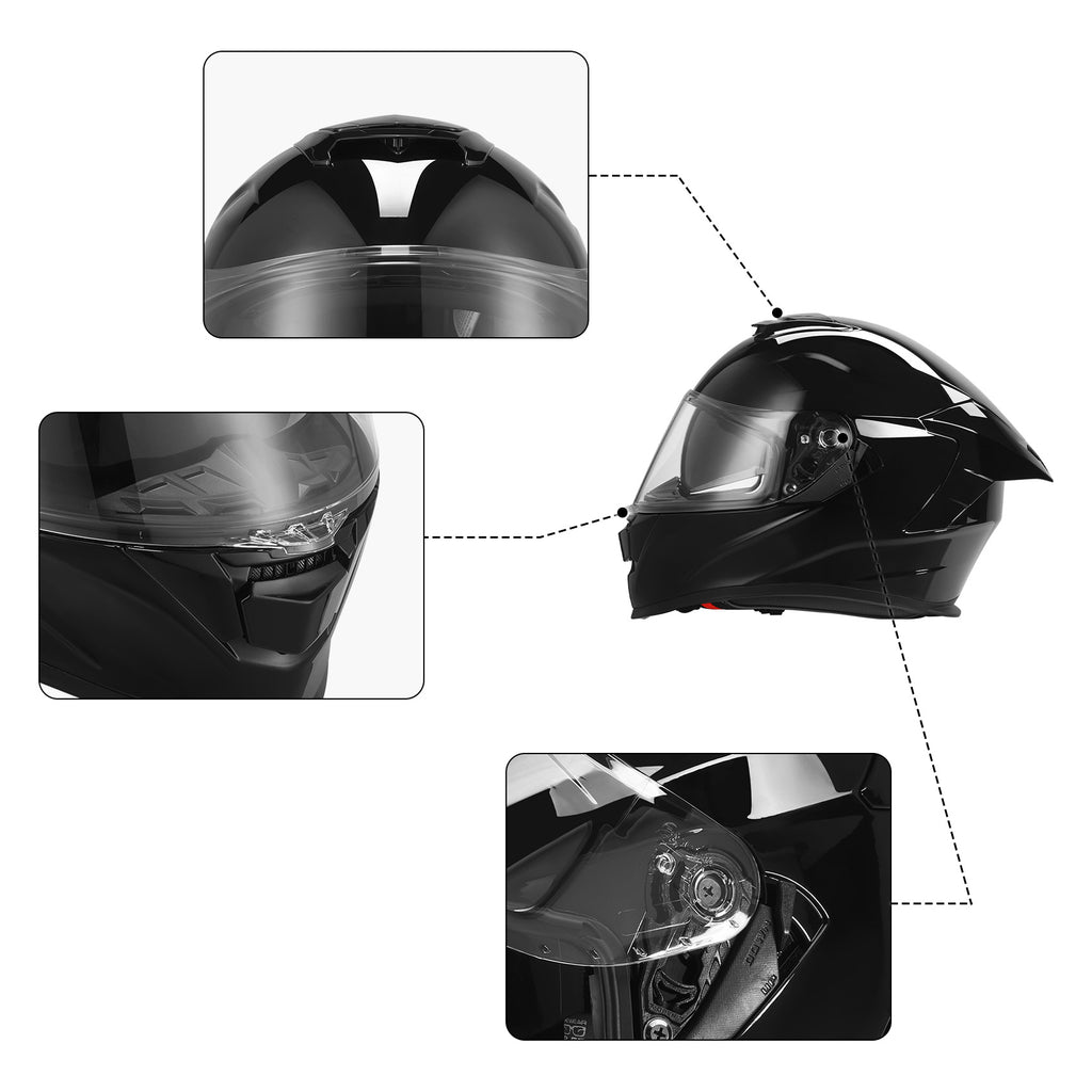 bike helmet full face shield TCMT Vivid Black DOT Full Face Motorcycle Helmet w/Dual Visor Extra Tinted Shield Bluetooth Ready, S