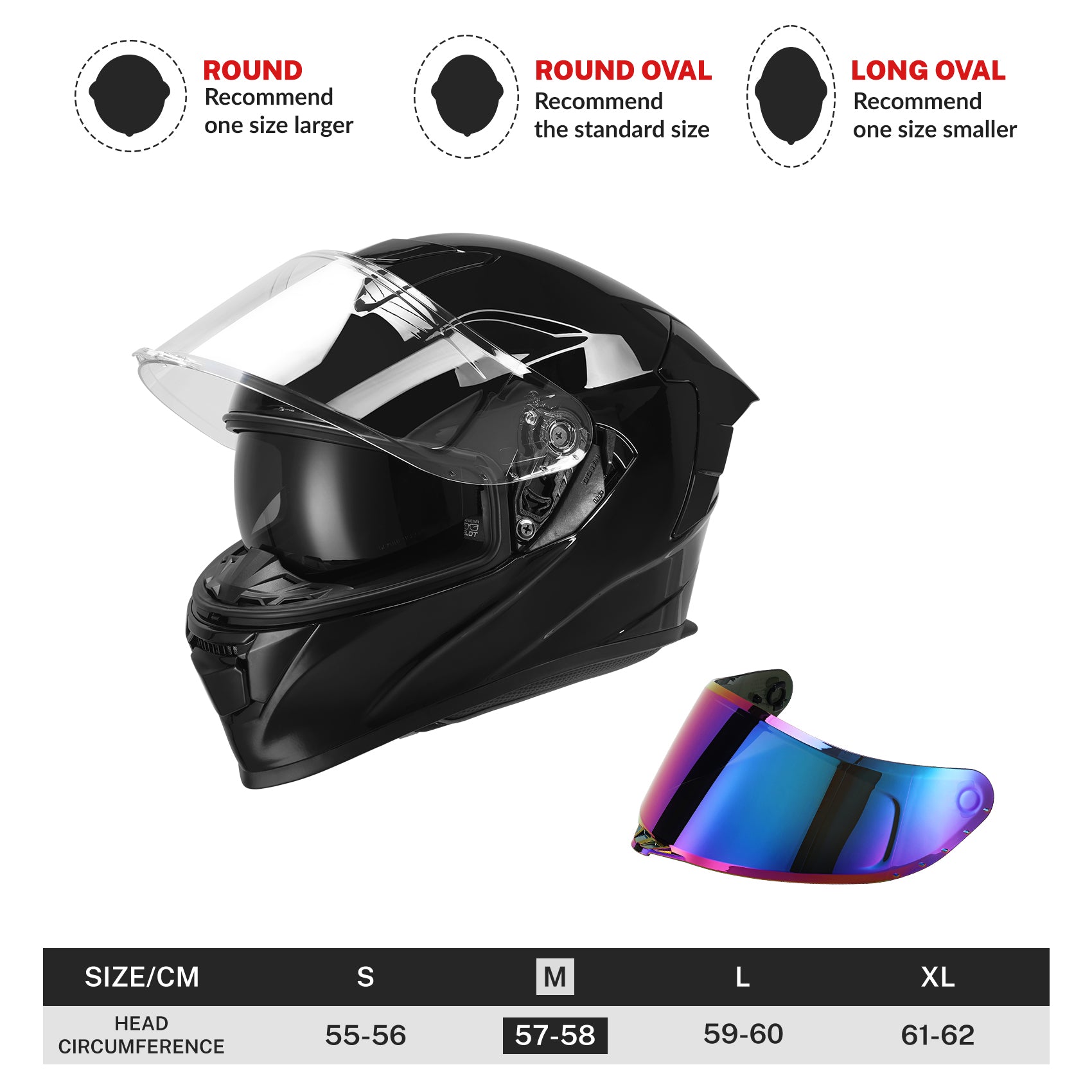 TCMT Vivid Black DOT Full Face Motorcycle Helmet w/Dual Visor Extra Tinted Shield Bluetooth Ready, S